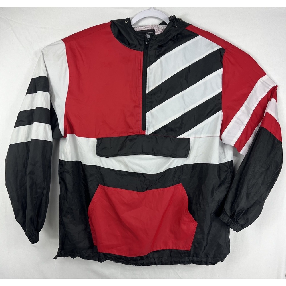 GUC Bleecker & Mercer XL Men Red Black Striped Hooded Anorak Windbreaker Jacket